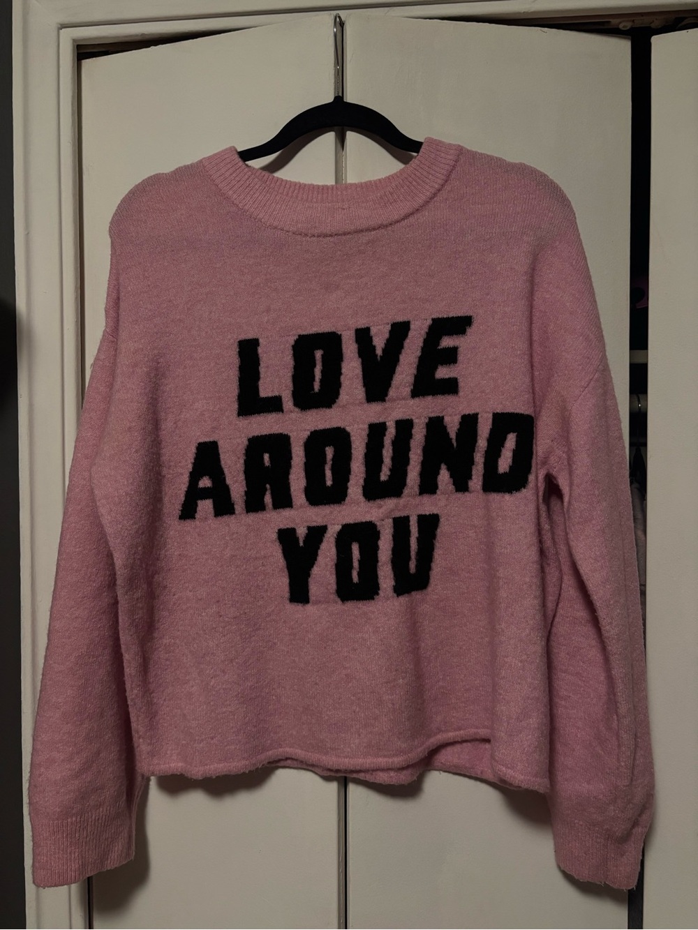 H&M Pink Crewneck Sweater with Black 'LOVE AROUND YOU' Graphic